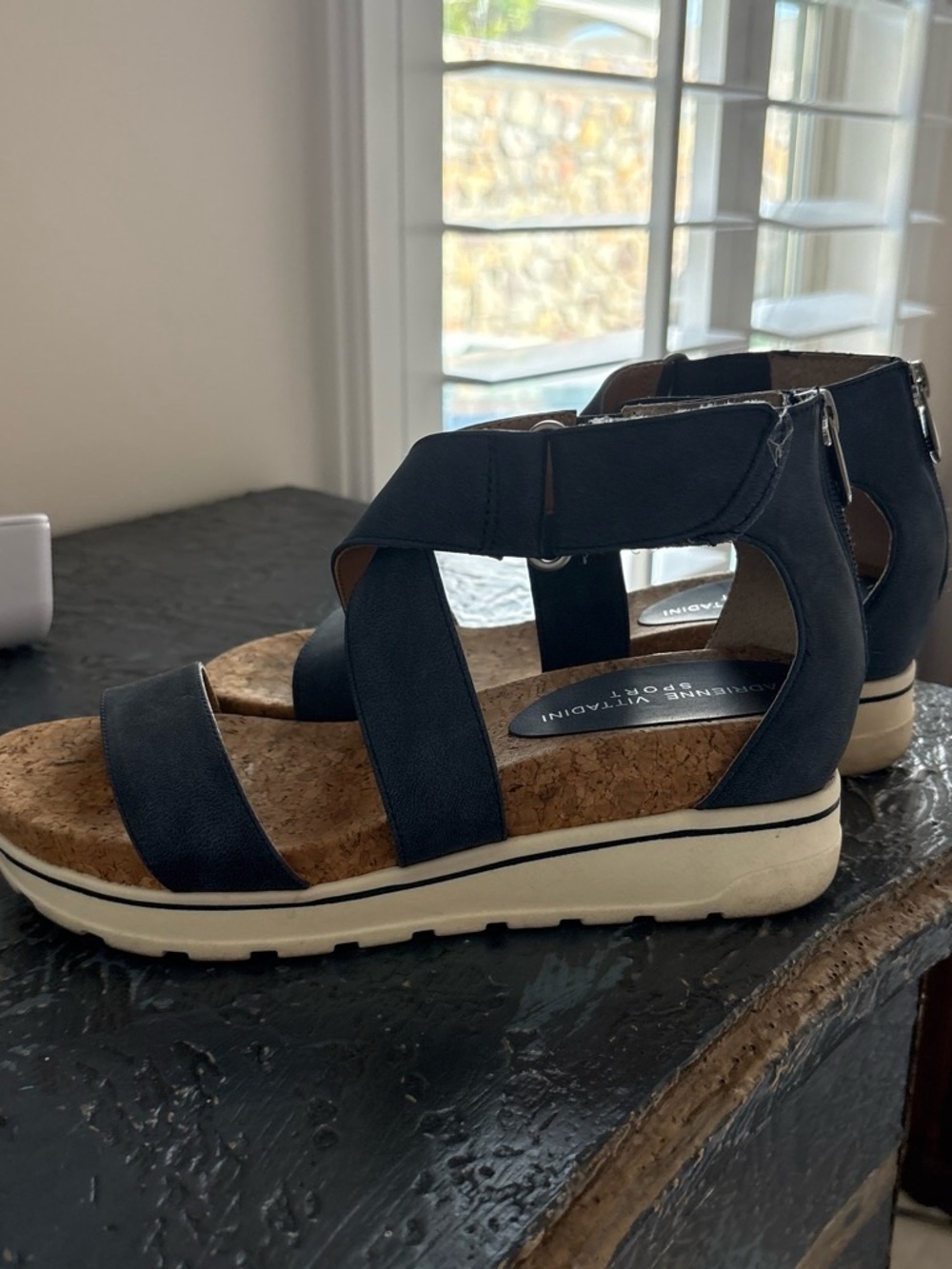 Adrienne Vittadini Navy Crisscross Platform Sandals